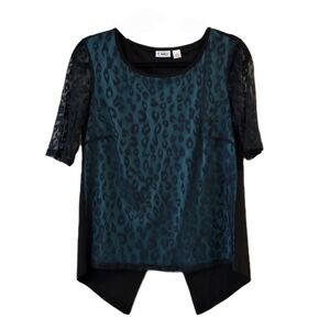 Cato Womens Animal Print Black Lace & Teal Top Criss Cross Back Night Out Medium